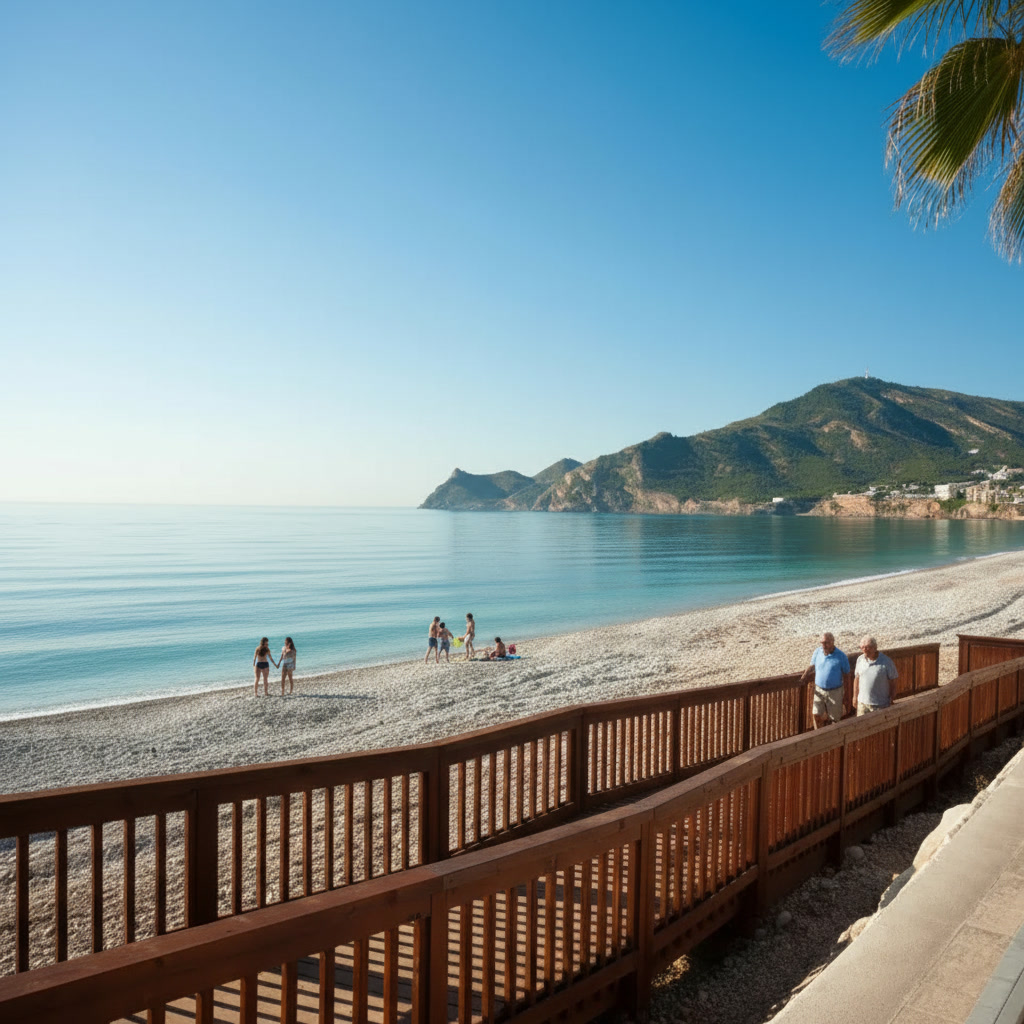 Strand van Albir met promenade en uitzicht op de bergen