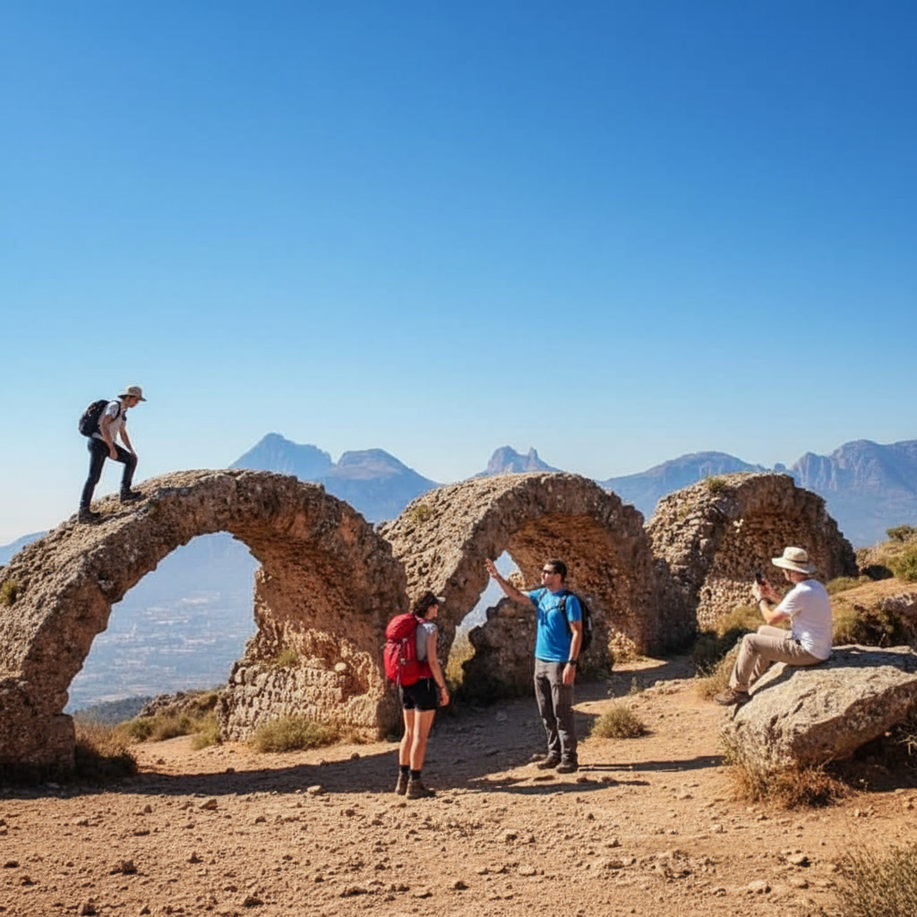 Wandelaars bij de rotsbogen van de Sierra de Bernia