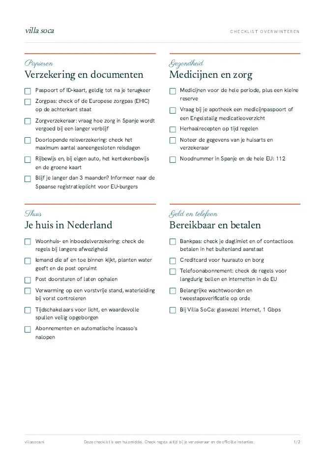 Pagina 1 van de checklist: papieren, gezondheid, thuis en geld