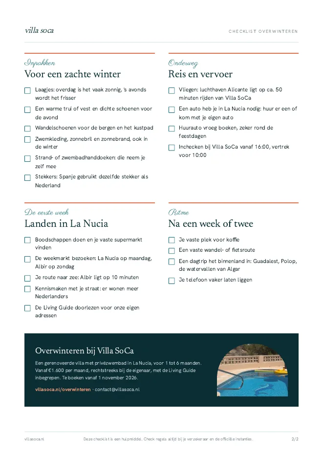 Pagina 2 van de checklist: inpakken, reis, de eerste week en ritme
