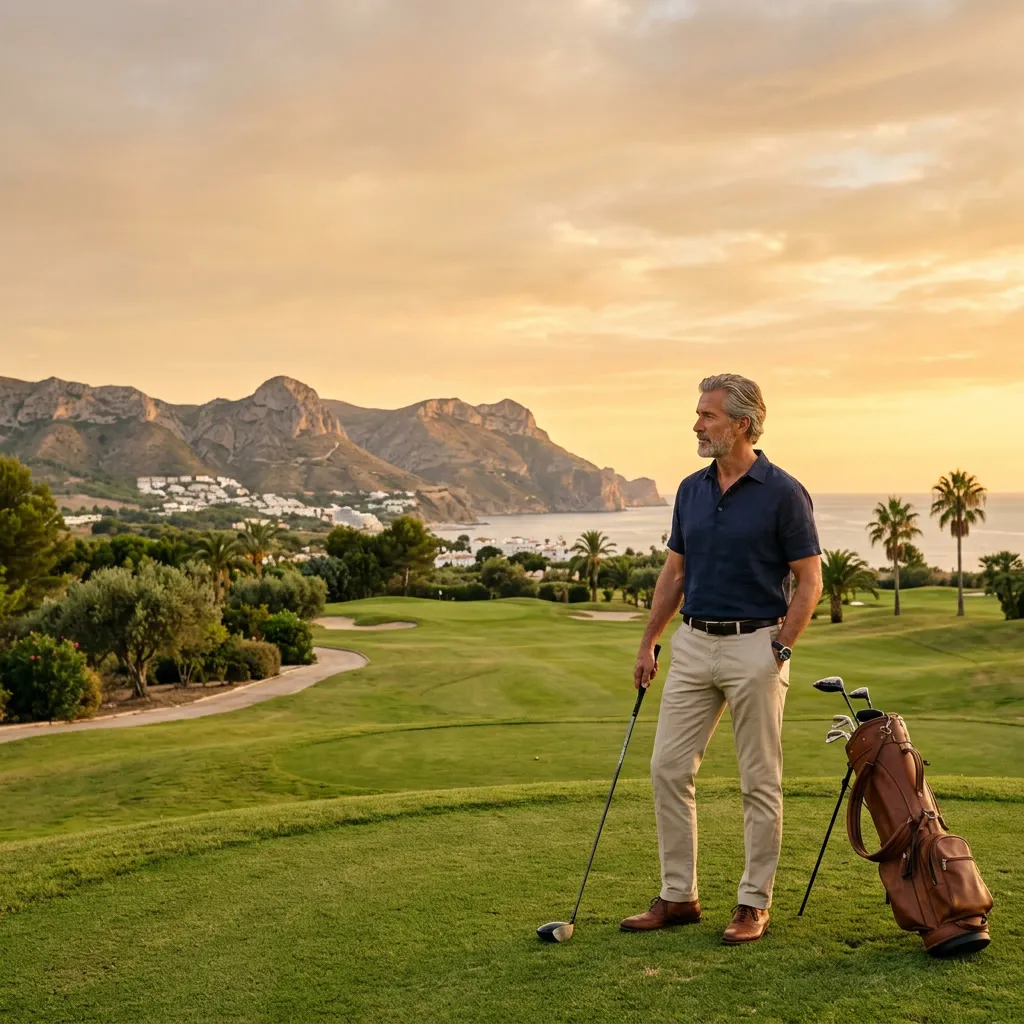 Golfer op de fairway bij zonsondergang, met bergen en zee op de achtergrond