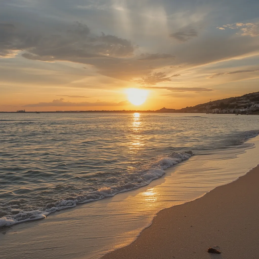 Zonsondergang boven zee aan een rustig strand