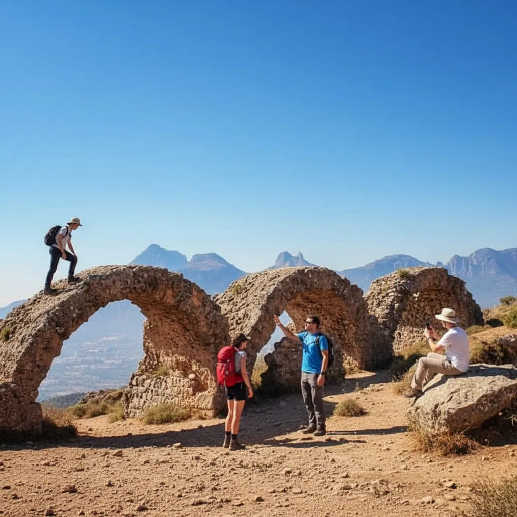 Wandelaars bij de rotsbogen in de bergen van de Sierra de Bernia