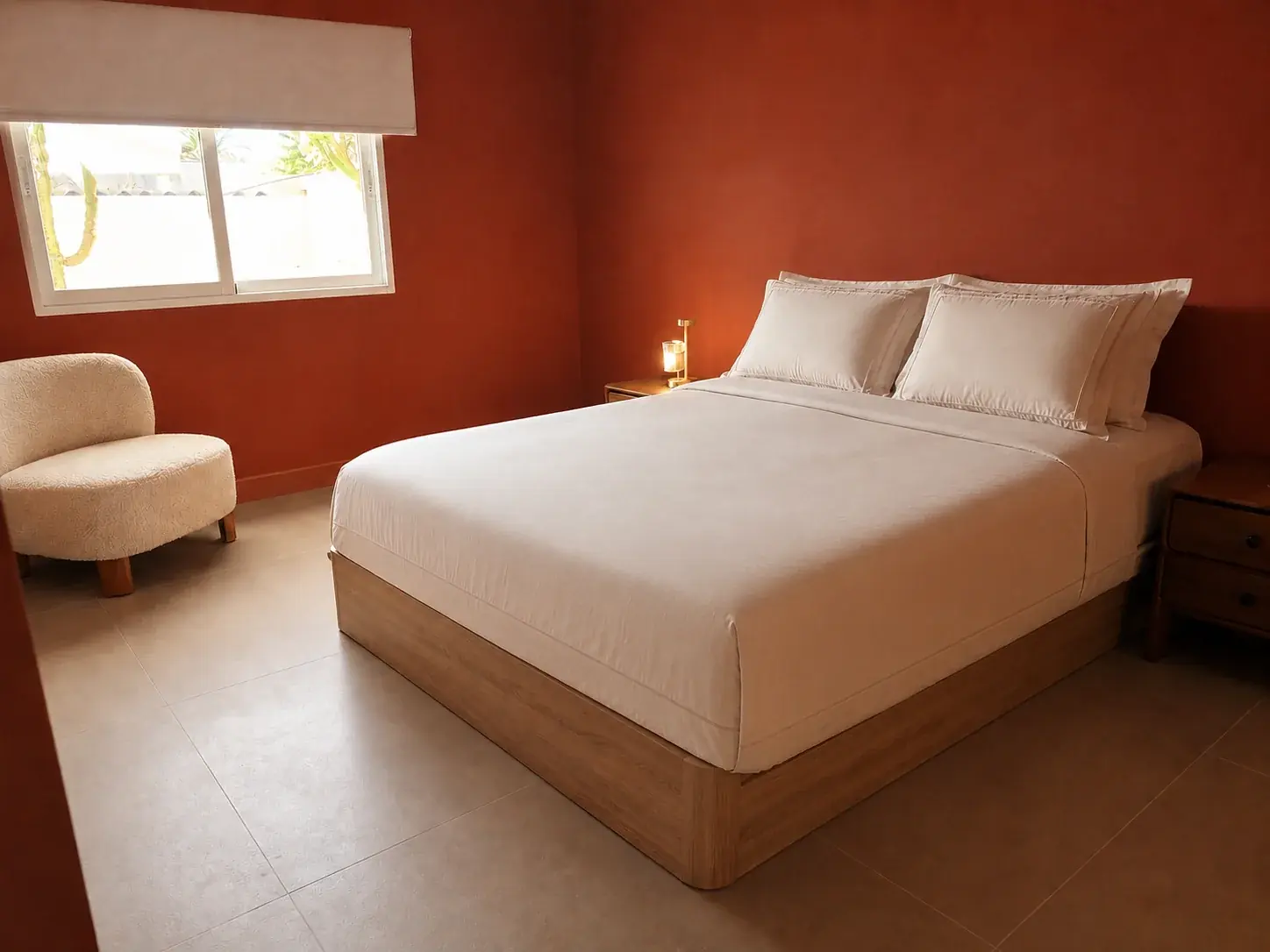 Master bedroom van Villa SoCa met warmrode wand en tweepersoonsbed