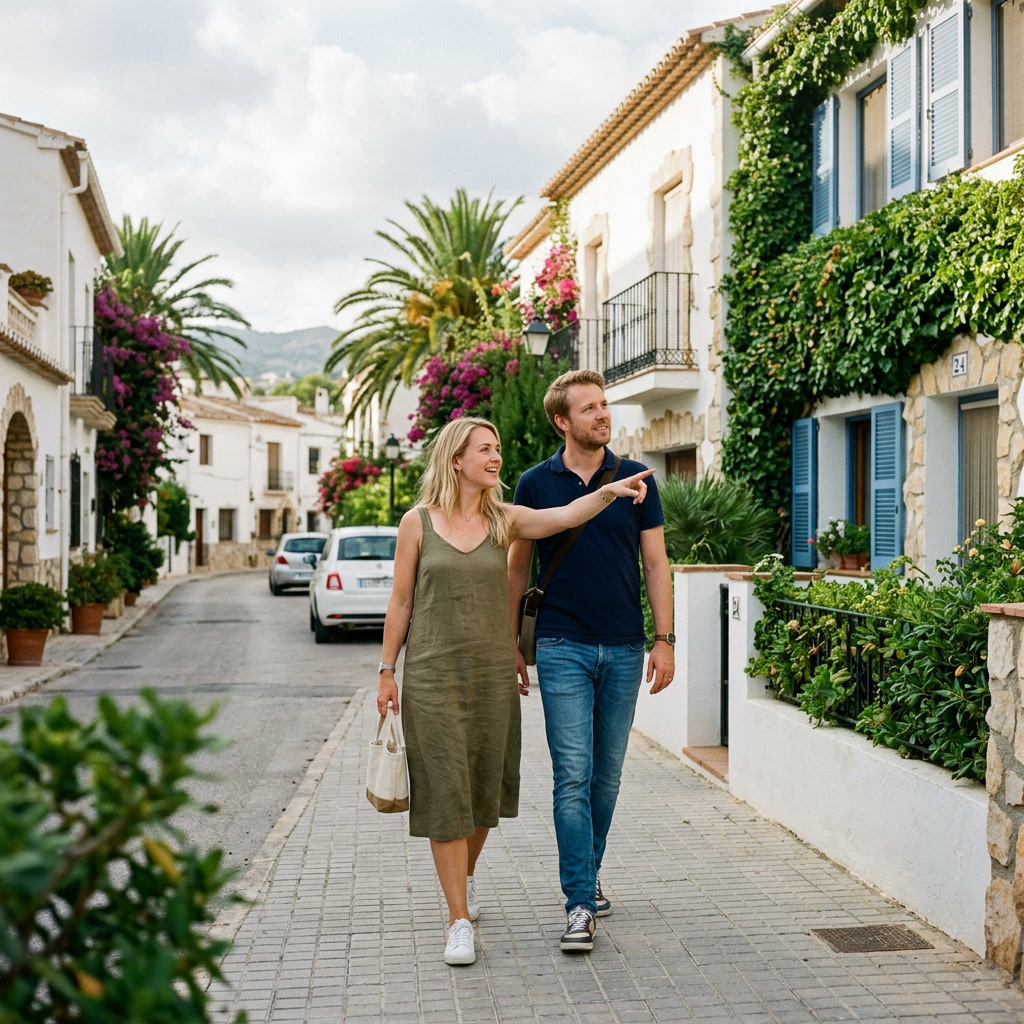 Stel verkent wandelend een rustige woonwijk aan de Costa Blanca